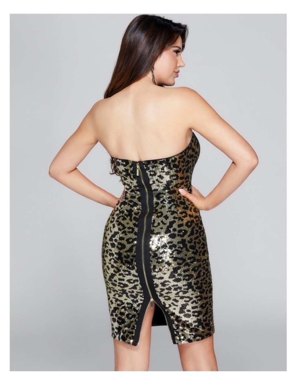 Marciano Strapless Sequin Leopard Sheath Dress in Gold and Black